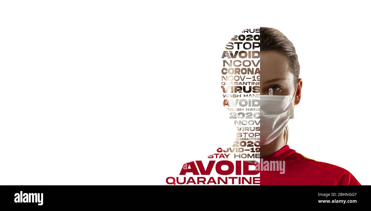 Portrait of scared and stressed woman with lettering avoid, wash hands, quarantine, flyer copyspace for ad. Mixed background, art collage and modern design. Epidemic, pandemic of COVID-19, stay home. Stock Photo