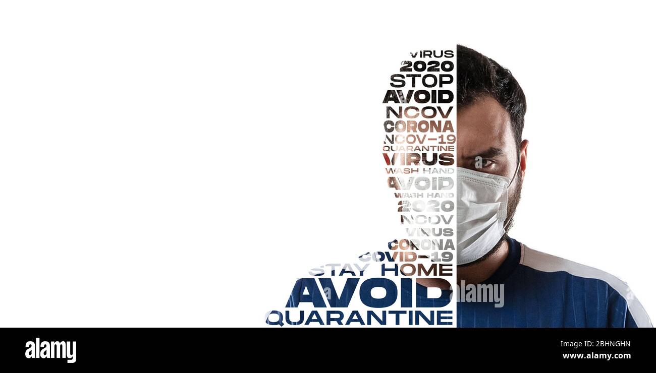 Portrait of scared and stressed man with lettering avoid, wash hands, quarantine, flyer copyspace for ad. Mixed background, art collage and modern design. Epidemic, pandemic of COVID-19, stay home. Stock Photo