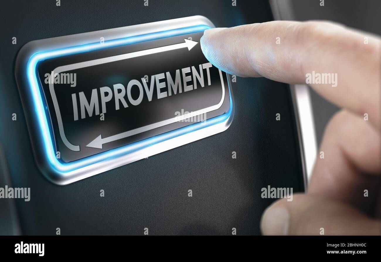 Man pressing a continuous improvement button to improve company processes. Composite image between a hand photography and a 3D background. Stock Photo