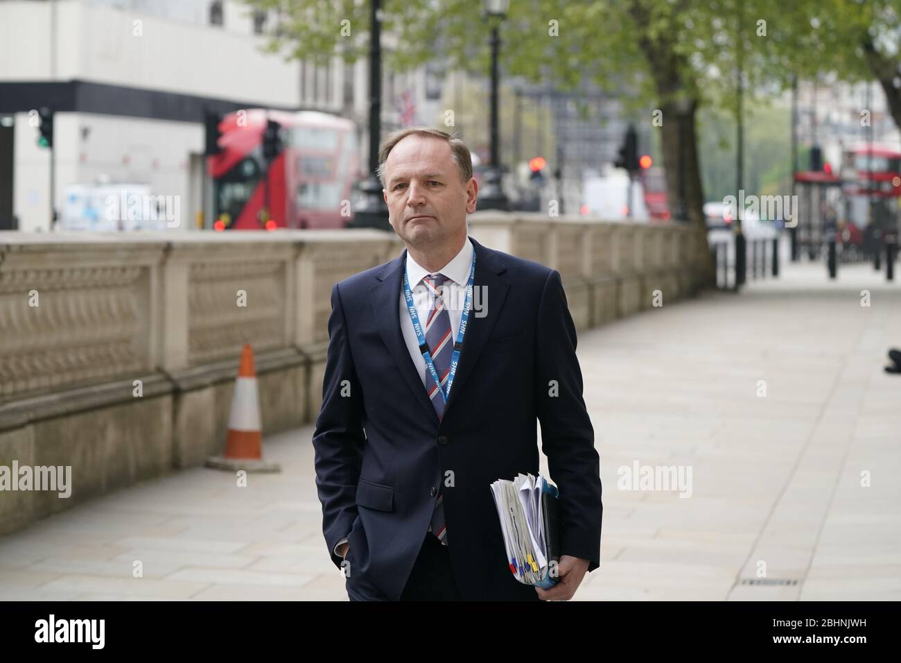 Sir Simon Stevens, Chief Executive of the National Health Service in England, in Whitehall on the day that the Prime Minister returned to work in Downing Street for the first time since he was hospitalised with coronavirus. Stock Photo