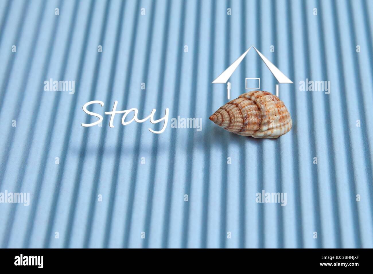 One seashell in the form of a house with an inscription encourages you to  stay at home. Home sweet home. Sea theme, a shelter that would wait out the  Stock Photo -, image size:1300x956