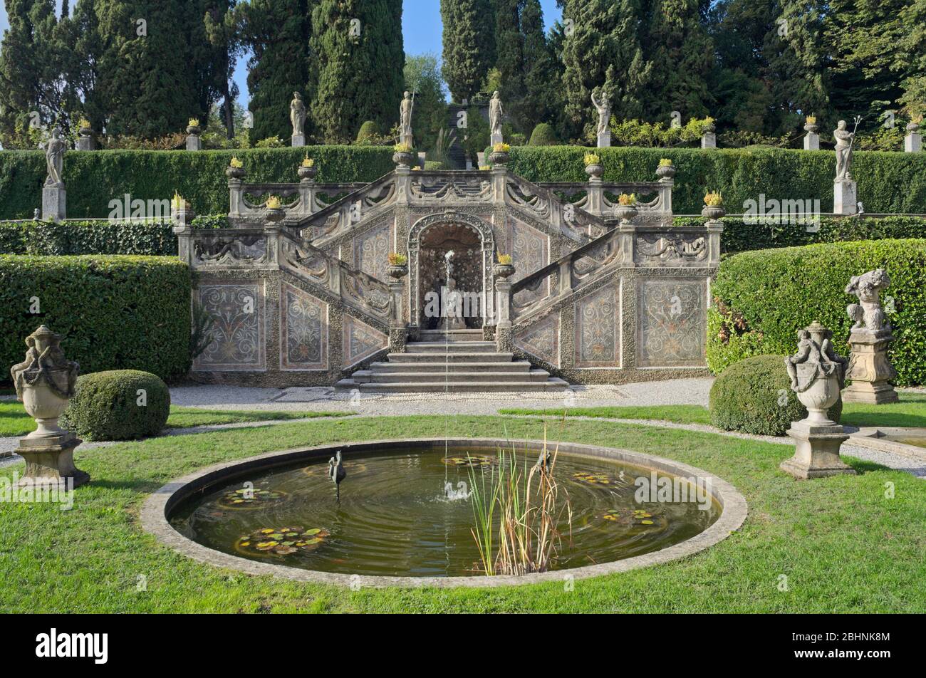 classic Italian garden with pond, Villa Sommi-Picenardi, Olgiate Molgora, Lecco, Italy Stock Photo