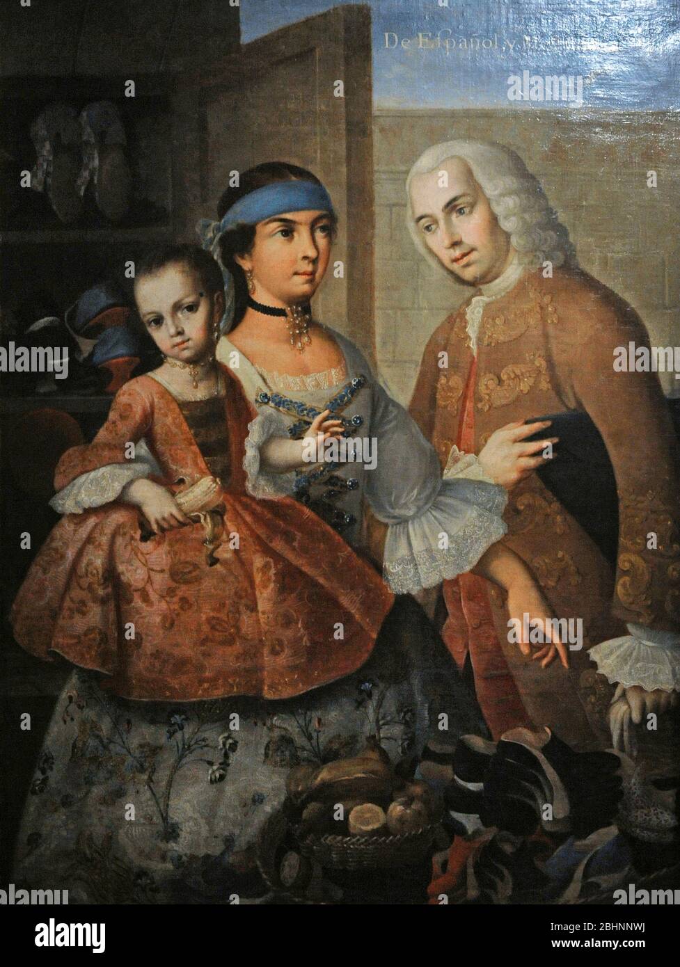 Casta painting. From Spaniard (right) and Mestiza (middle), Castiza (child), 1763. Miguel Cabrera (1695-1768). Painter of New Spain. Baroque style. Viceroyalty of New Spain. Mexico. Original Tittle: De español y mestiza, castiza. North America. Oil on canvas. Museum of the Americas. Madrid, Spain. Stock Photo
