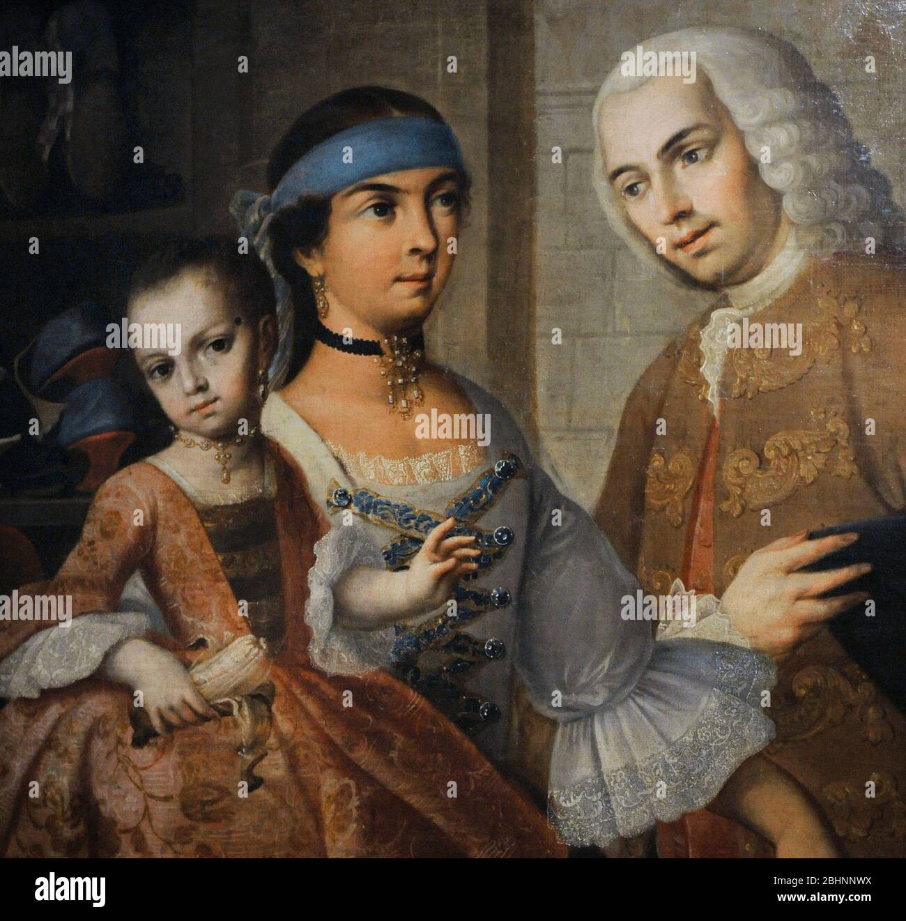 Casta painting. From Spaniard (right) and Mestiza (middle), Castiza (child), 1763. Detail. Miguel Cabrera (1695-1768). Painter of New Spain. Baroque style. Viceroyalty of New Spain. Mexico. Original Tittle: De español y mestiza, castiza. North America. Oil on canvas. Museum of the Americas. Madrid, Spain. Stock Photo