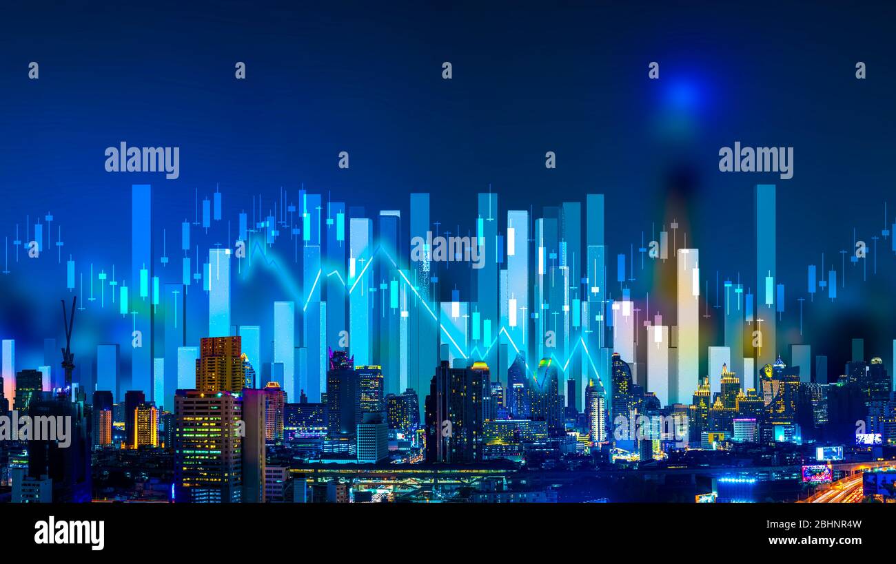 Business people hold a tablet, plan and strategy and display virtual holograms of statistics, financial graphs, securities and charts on a dark backgr Stock Photo
