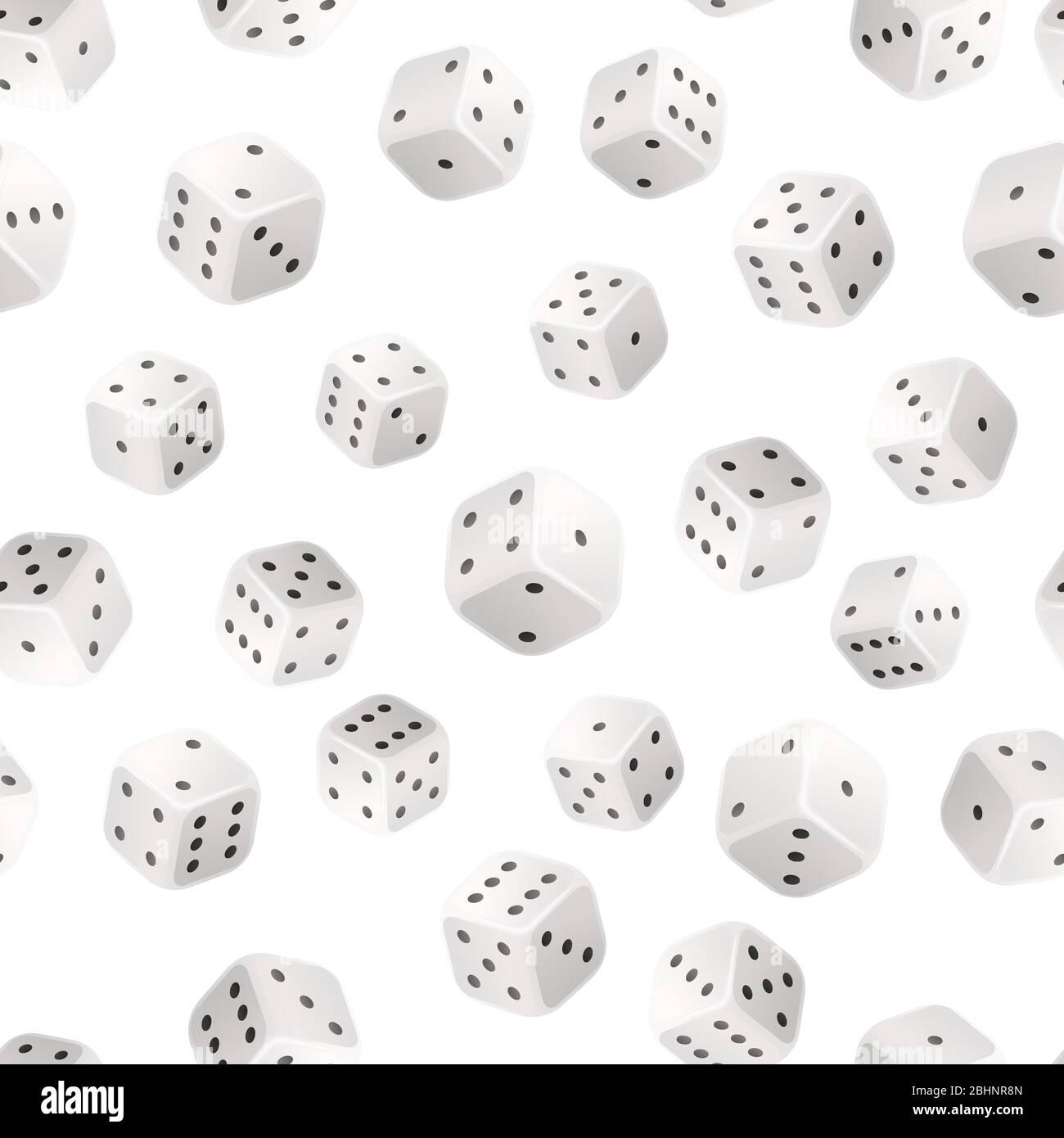 Classic white glossy game dice, casino seamless pattern on white Stock Vector