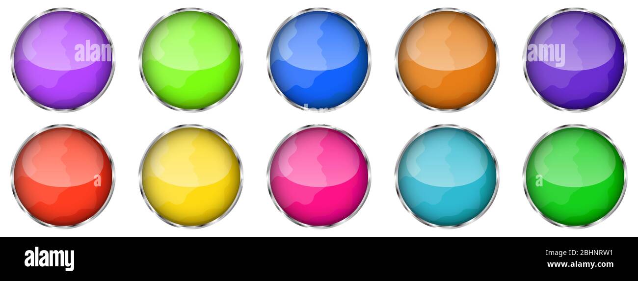 Set of glossy round buttons. Vector illustration. Colored bright buttons with chrome frame. Realistic buttons Stock Vector