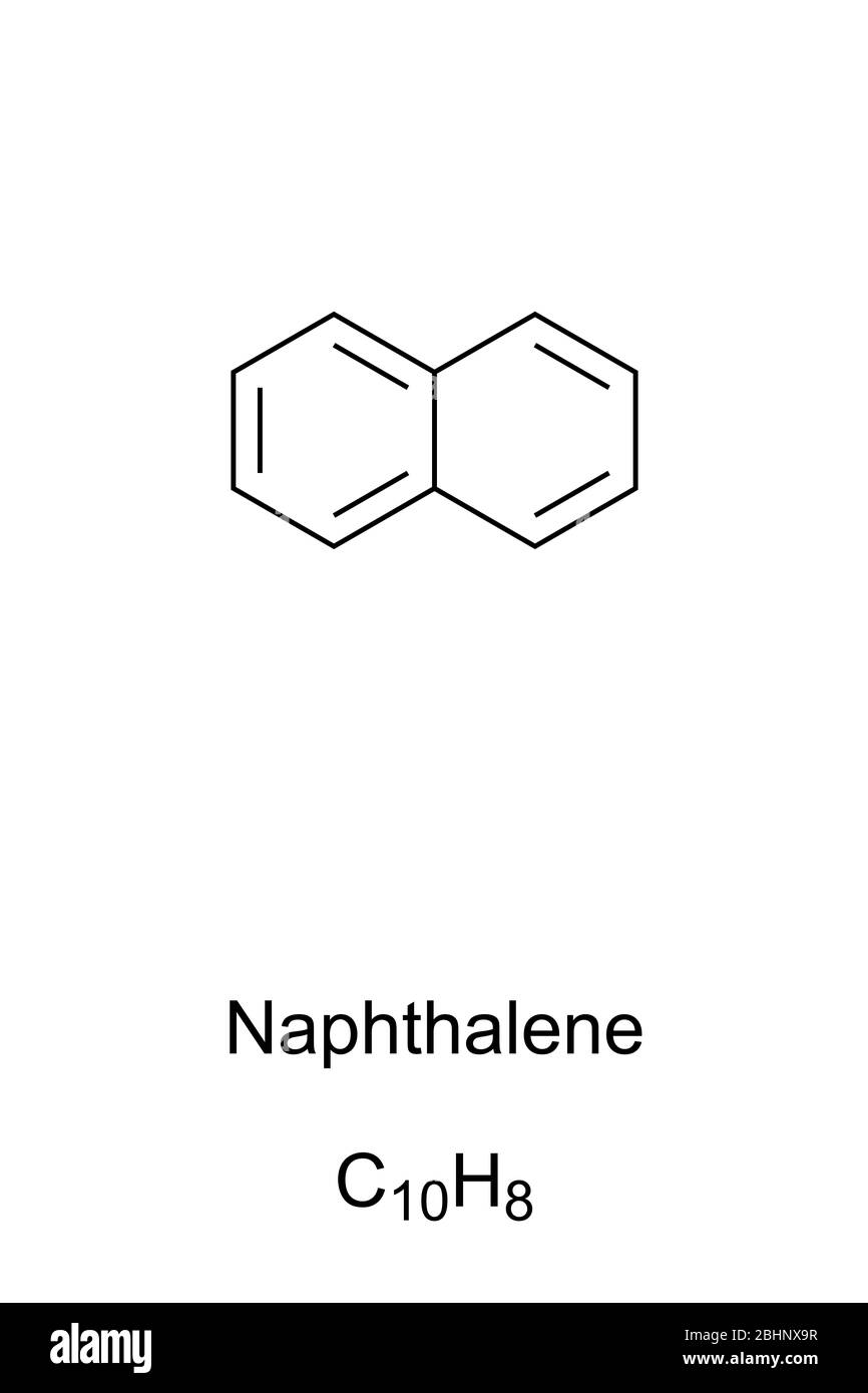 Naphthalene skeletal formula and molecular structure. The simplest polycyclic aromatic hydrocarbon, PAH, main ingredient of traditional mothballs. Stock Photo