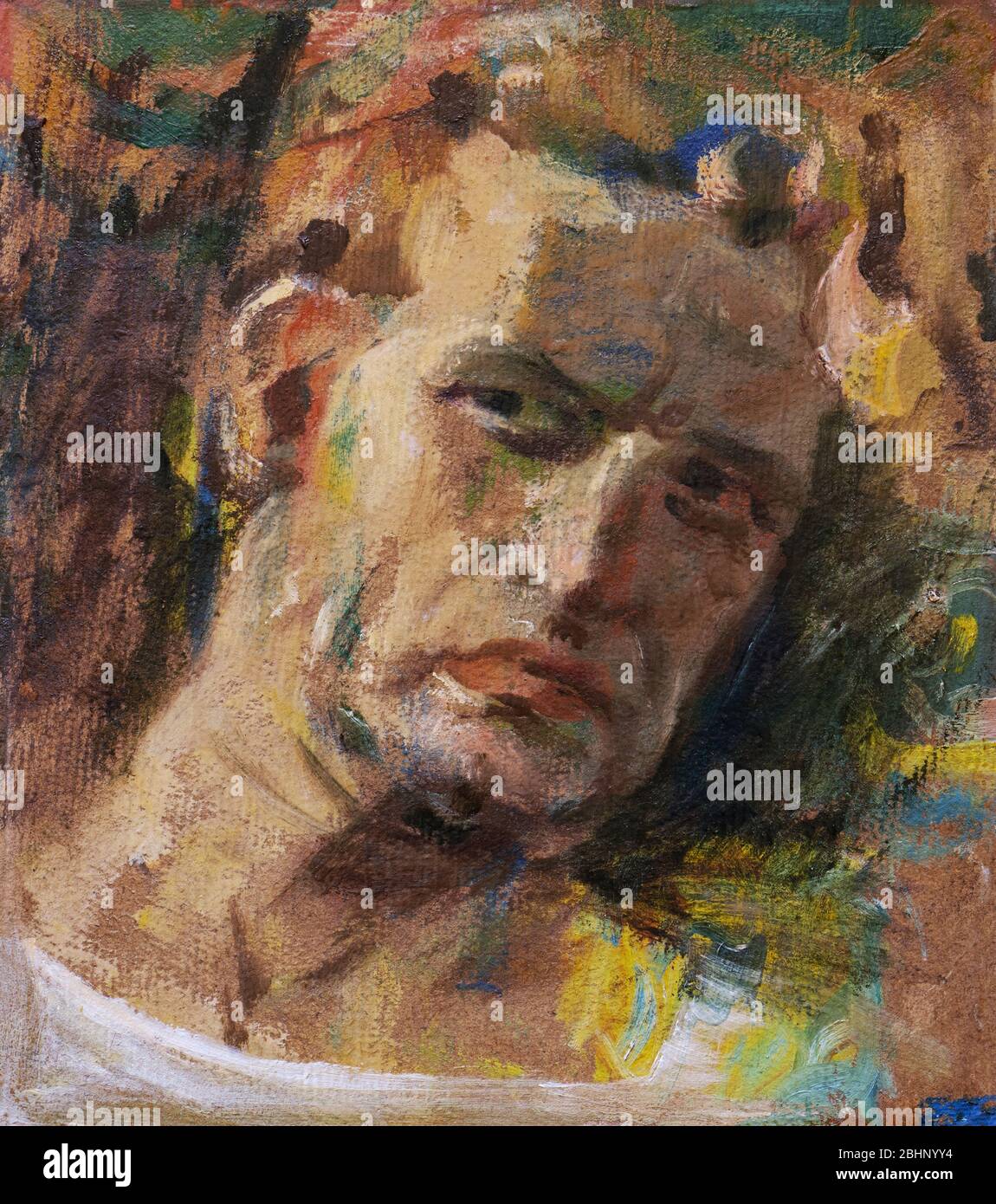 Expressive man portrait oil painting sketch on textured canvas Stock Photo