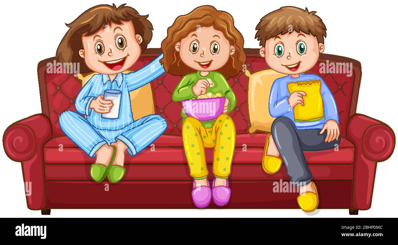 Three happy kids eating snacks on the sofa illustration Stock Vector