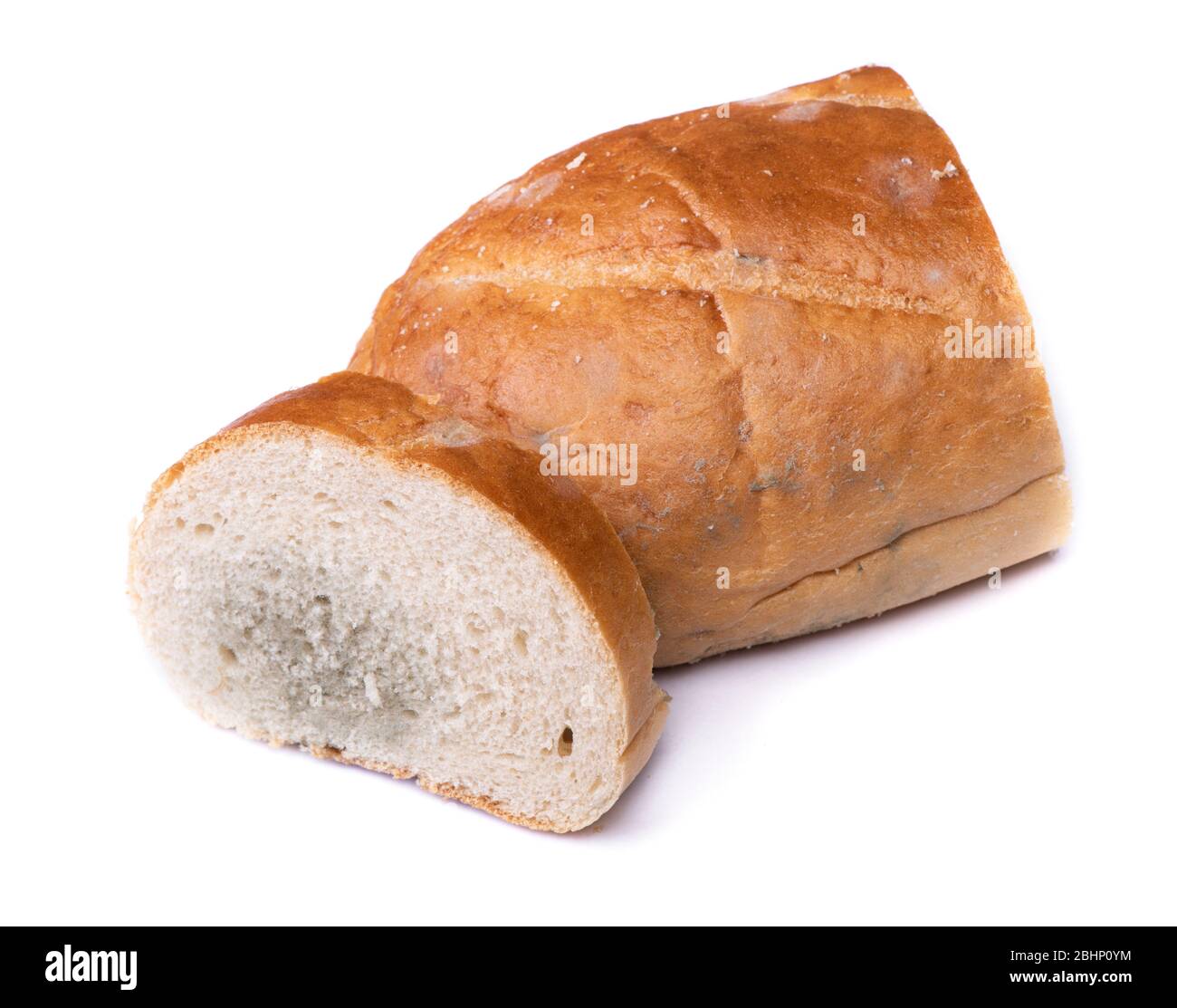 Piece of moldy bread isolated on white background Stock Photo