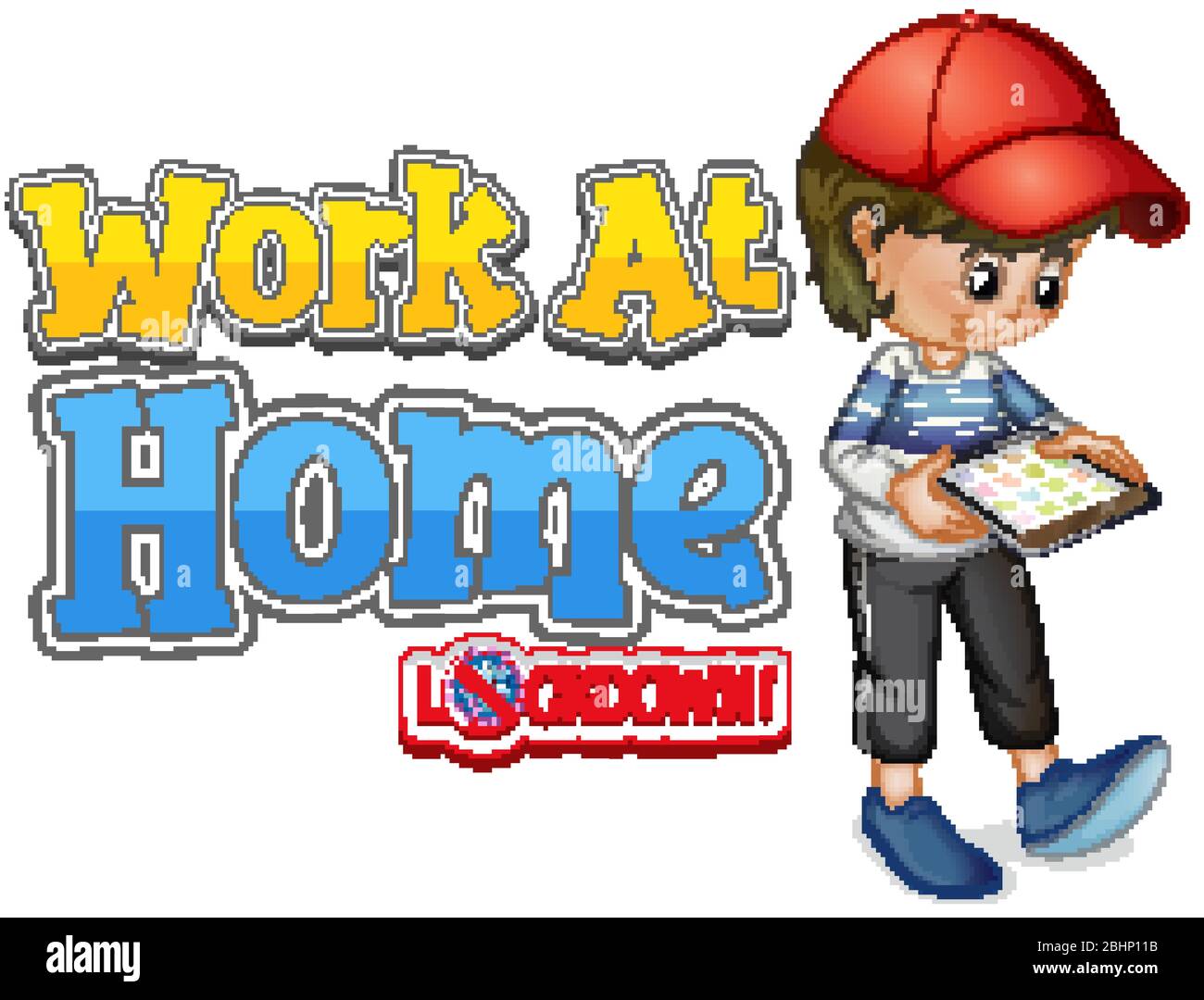Font design for work from home with boy looking at tablet illustration ...