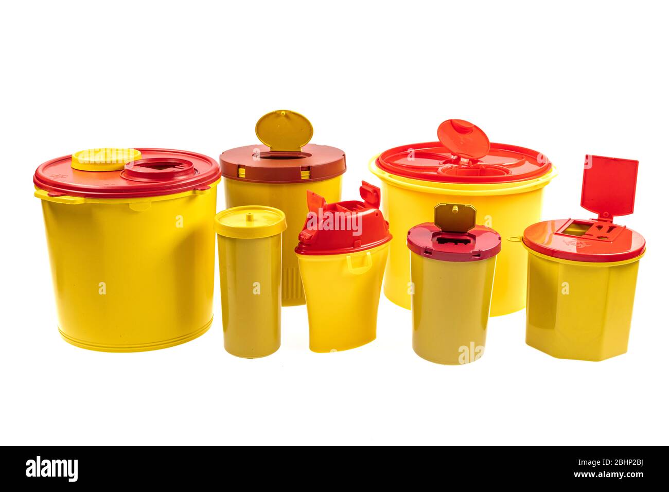Different sizes of Medical waste bins (1.3, 2, 3, 5 liter). Yellow