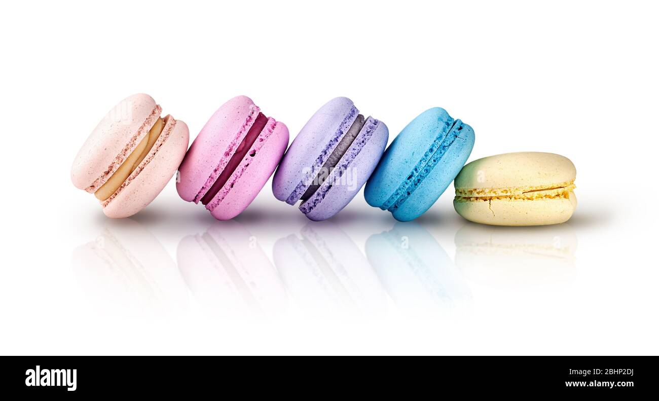 Five multicolored macaroons ladder in row Stock Photo