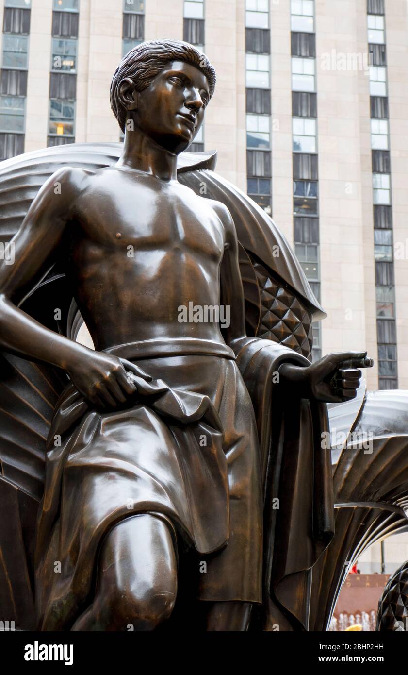 The Youth, one of the Mankind Figures, Rockefeller Center, Manhattan, New York City, New York, USA Stock Photo