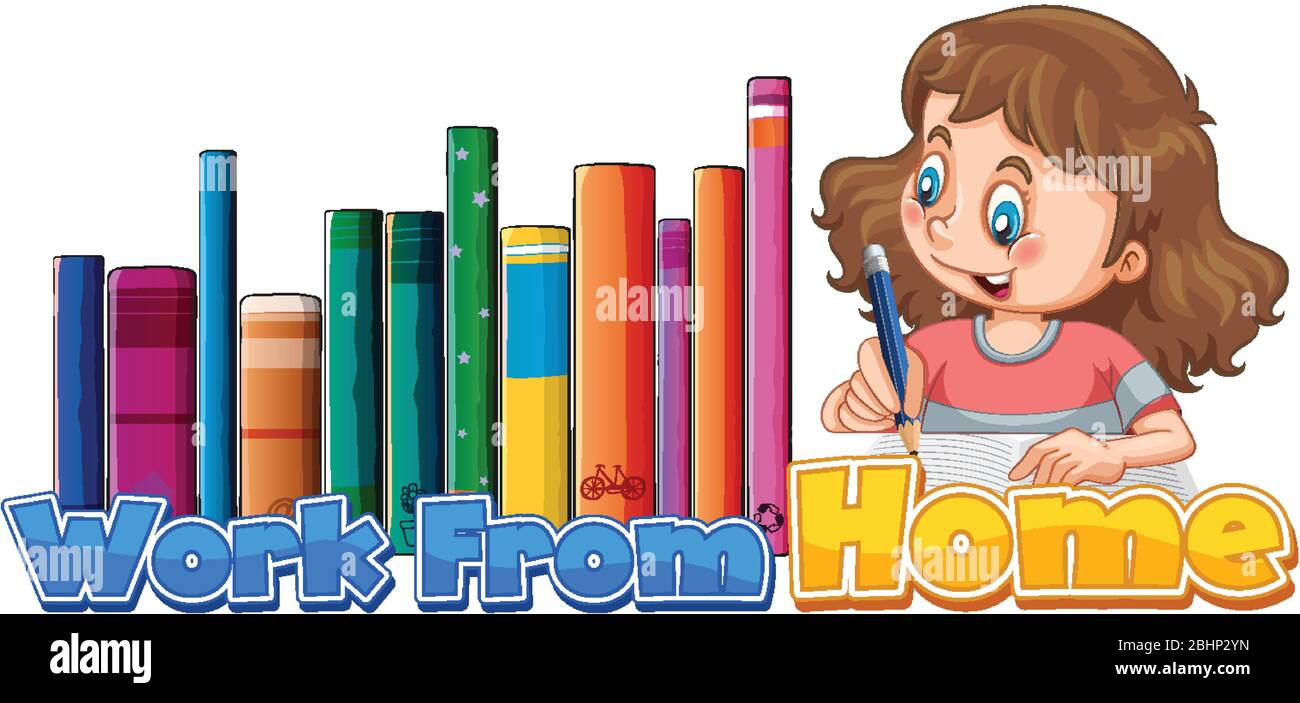 Font design for work from home with girl doing homework illustration ...