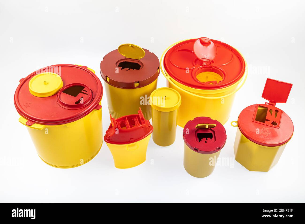 Different sizes of Medical waste bins (1.3, 2, 3, 5 liter). Yellow