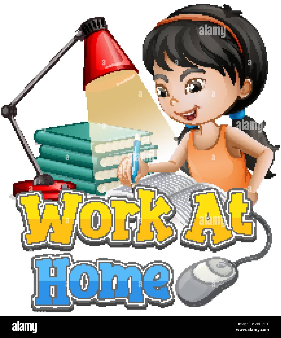 Font design for work from home with girl doing homework illustration ...