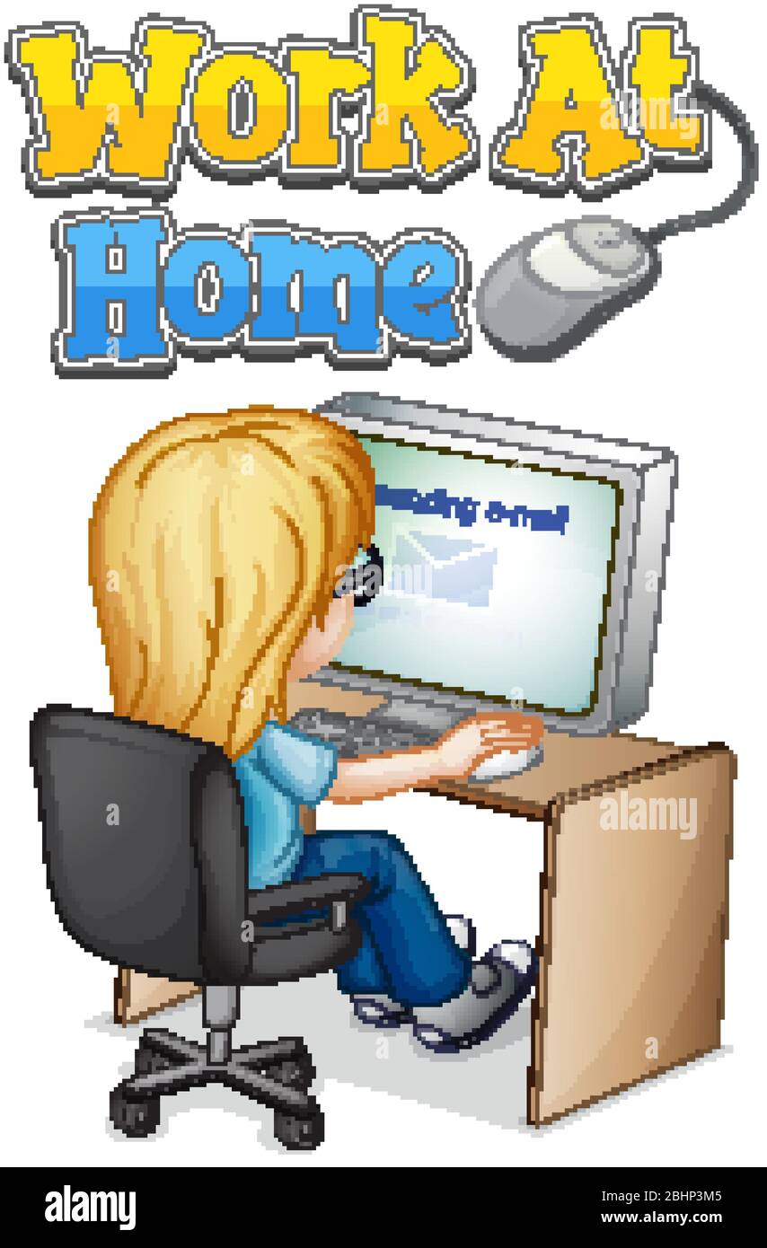 Font design for work from home with girl working on computer ...