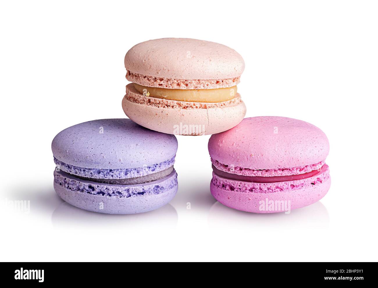 Three macaroons stacked in a pyramid Stock Photo