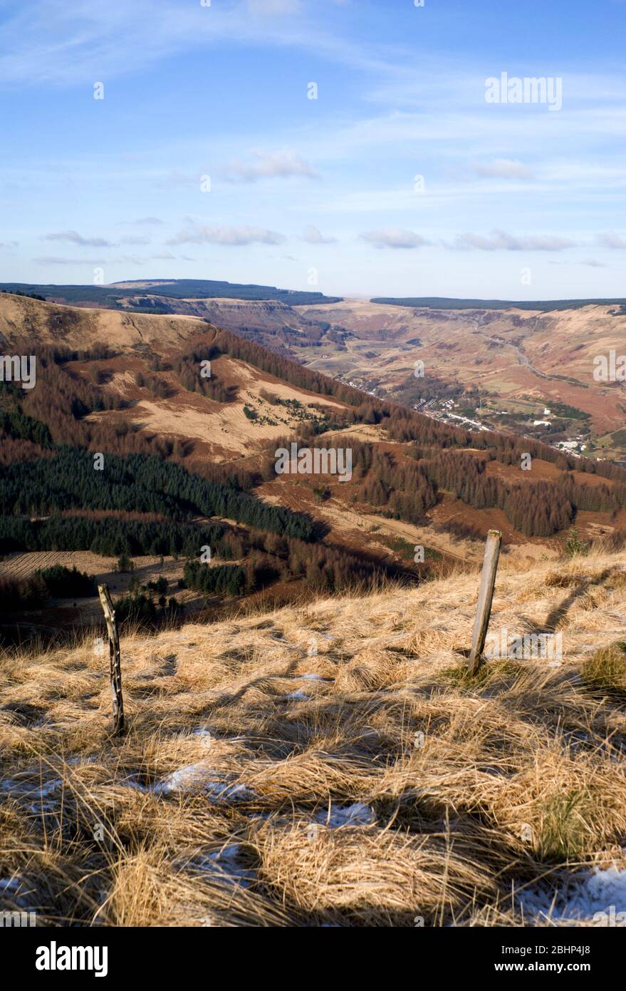 View from hillside above Treherbert, Rhondda Valley, Rhondda Cynnon Taf, South Wales. Stock Photo