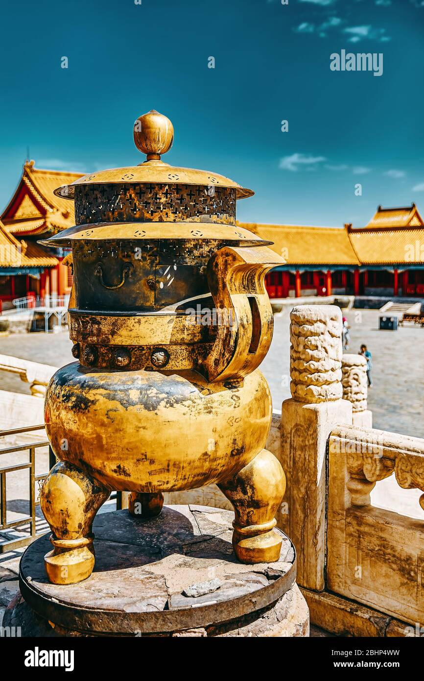 Copper bowl  inside territory of the Forbidden City Museum in Beijing, in the heart of city,China. Stock Photo