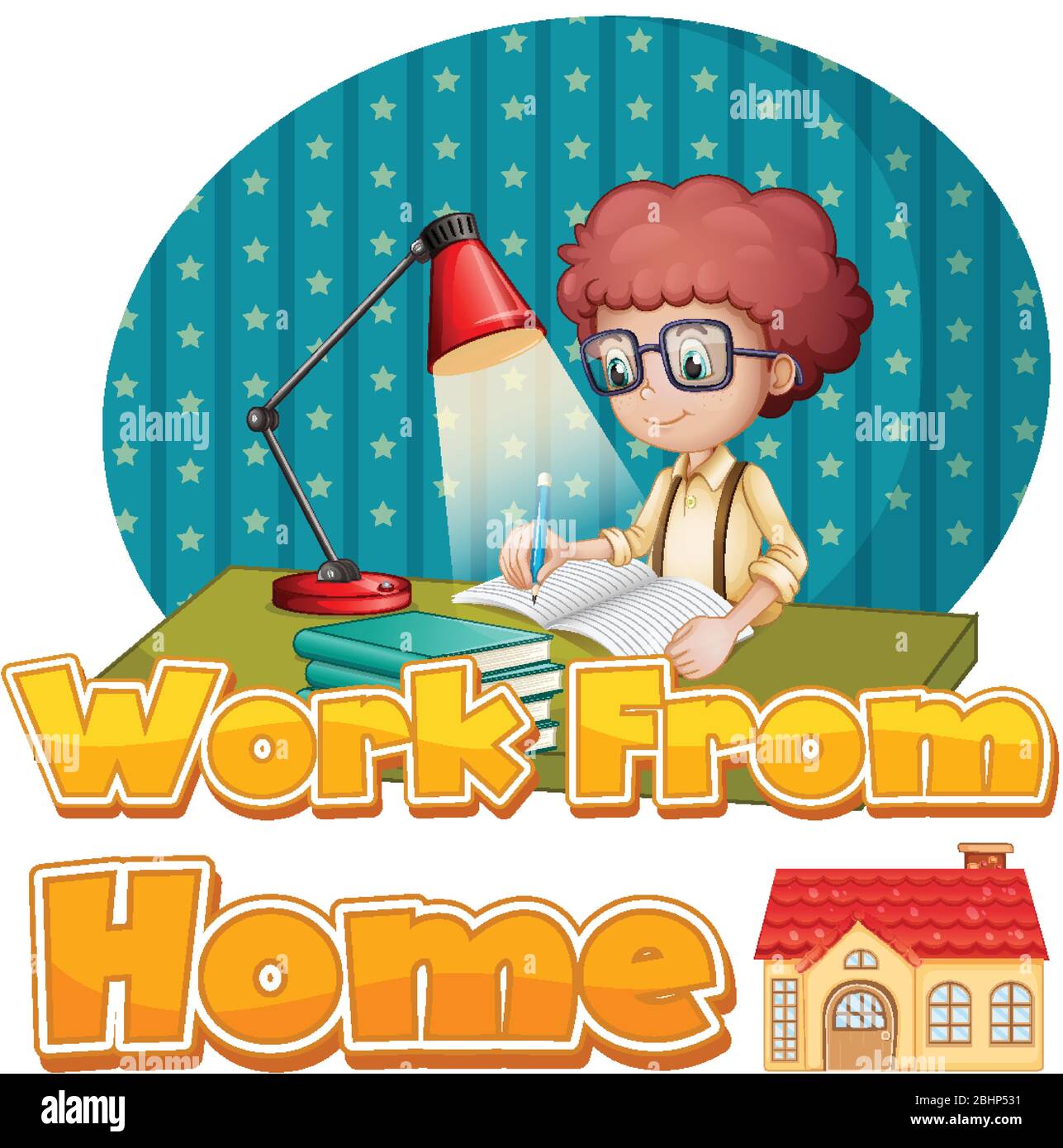 Font design for work from home with boy doinghomework illustration ...