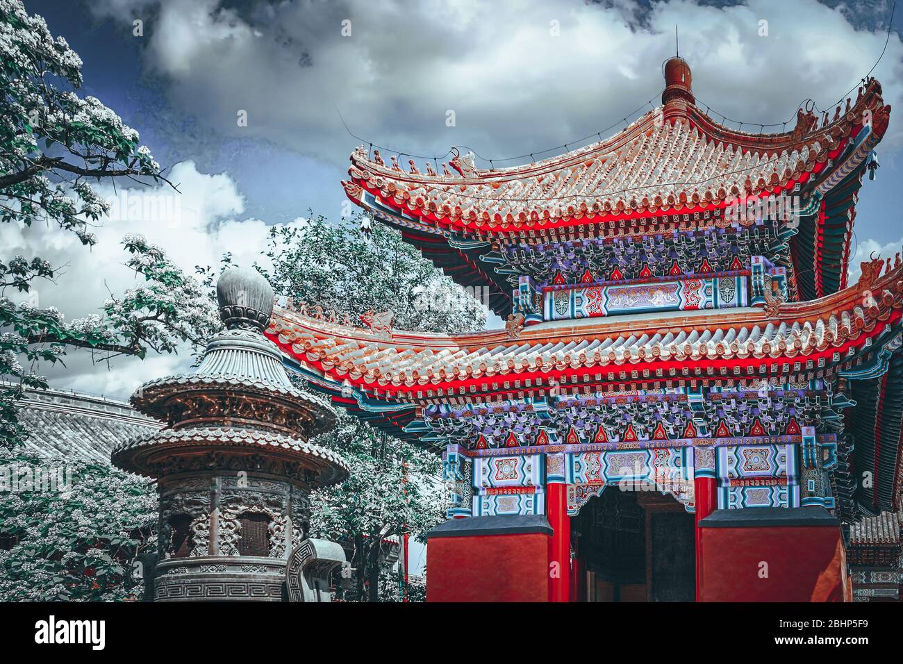 Beautiful View of Yonghegong Lama Temple.Beijing. Lama Temple is one of the largest and most important Tibetan Buddhist monasteries in the world. Stock Photo