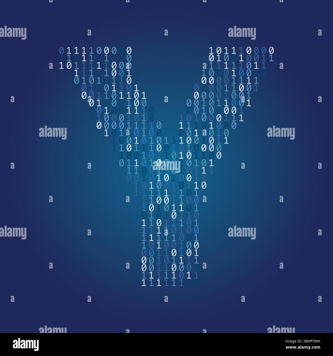 Letter Y font made from binary code digits on a dark blue background Stock Vector