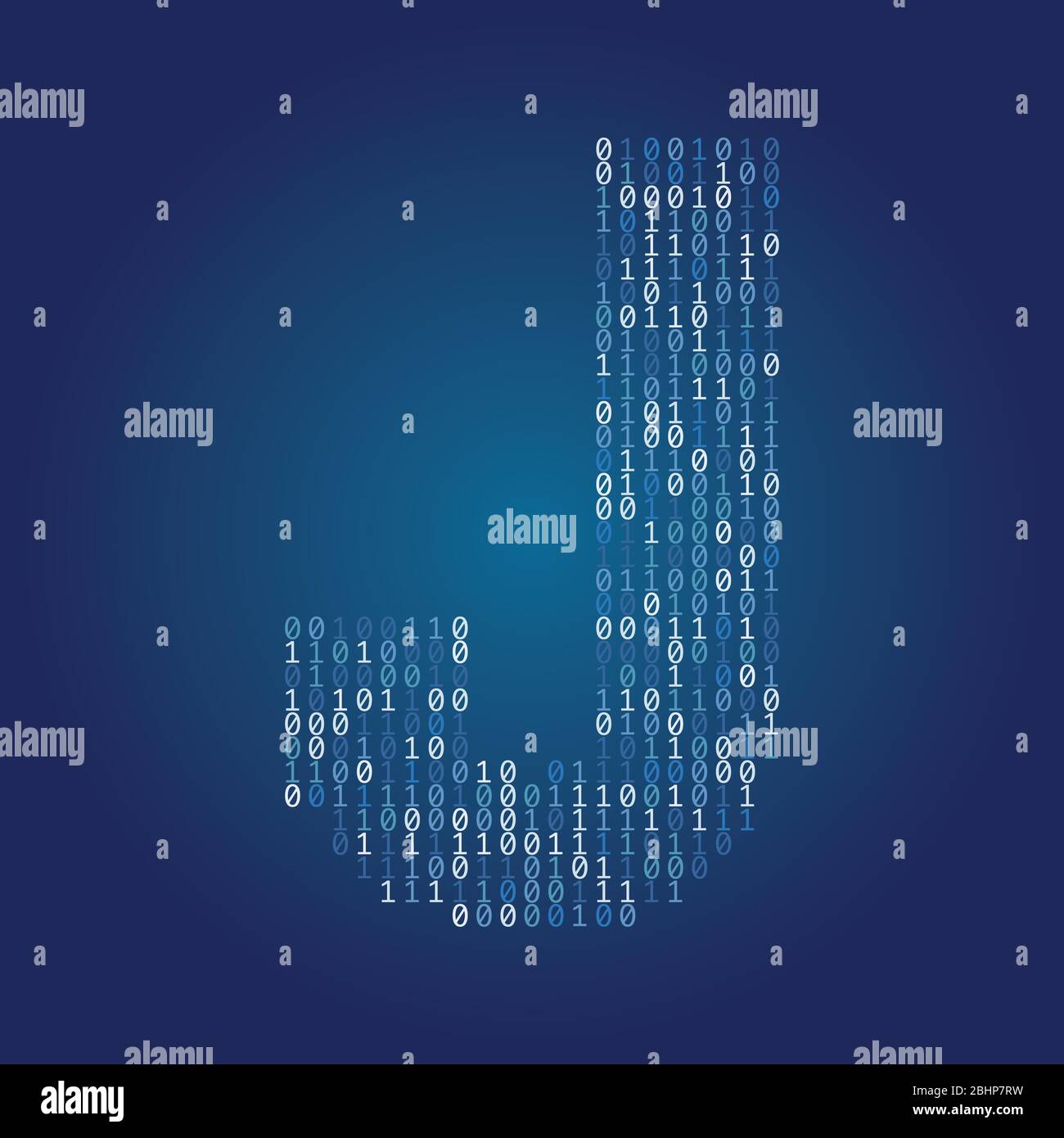 Letter J font made from binary code digits on a dark blue background Stock Vector