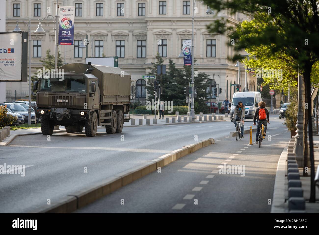 Bucharest, Romania - April 22, 2020: Romanian army truck in downtown Bucharest during the covid-19 lockdown. Stock Photo