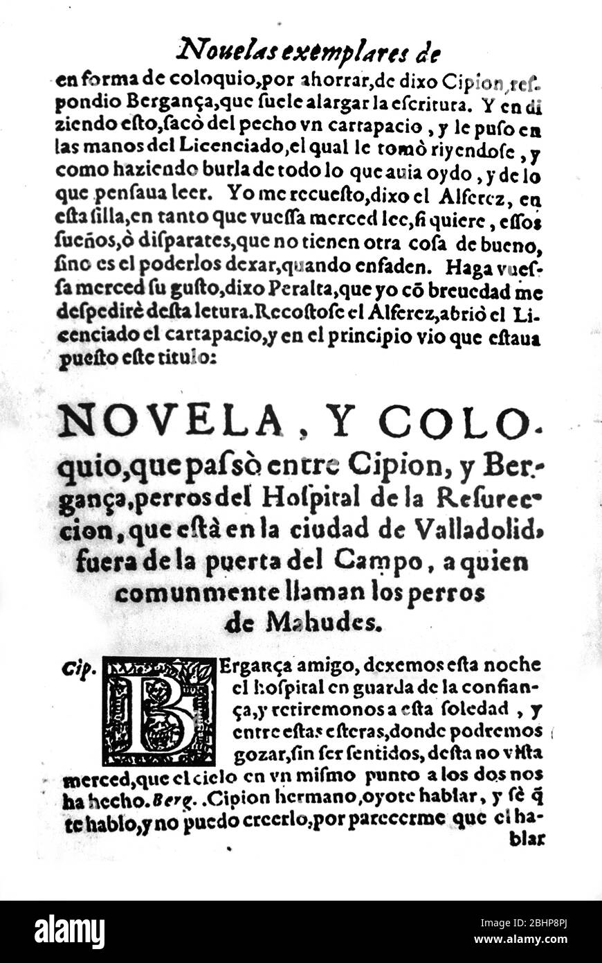 Title page of Dialogue of the Dogs, from Exemplary Tales by Miguel de Cervantes. First edition title page Stock Photo