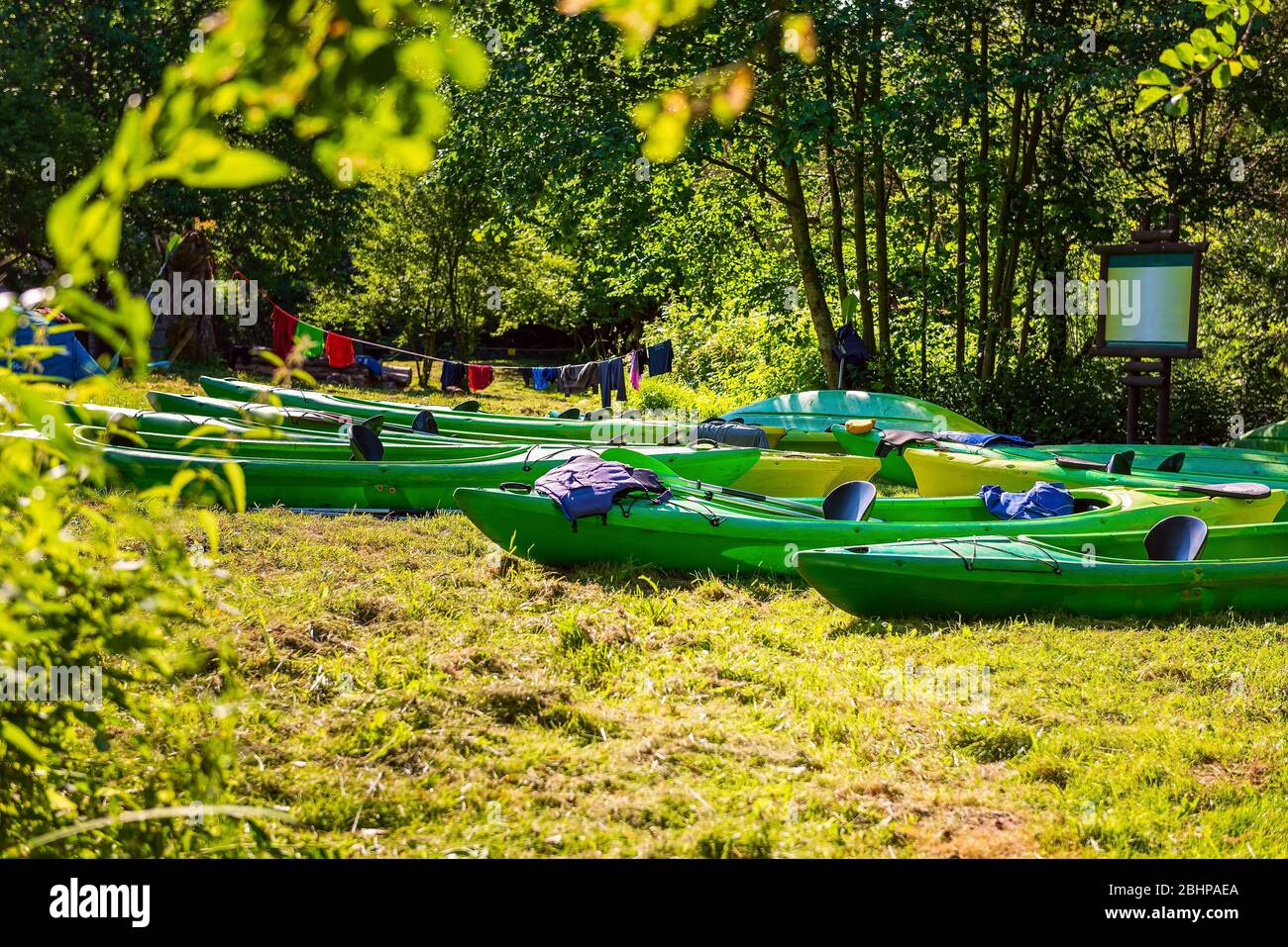 Drying kayaks in a tourist camp. Camping. Tourist halt. Stock Photo