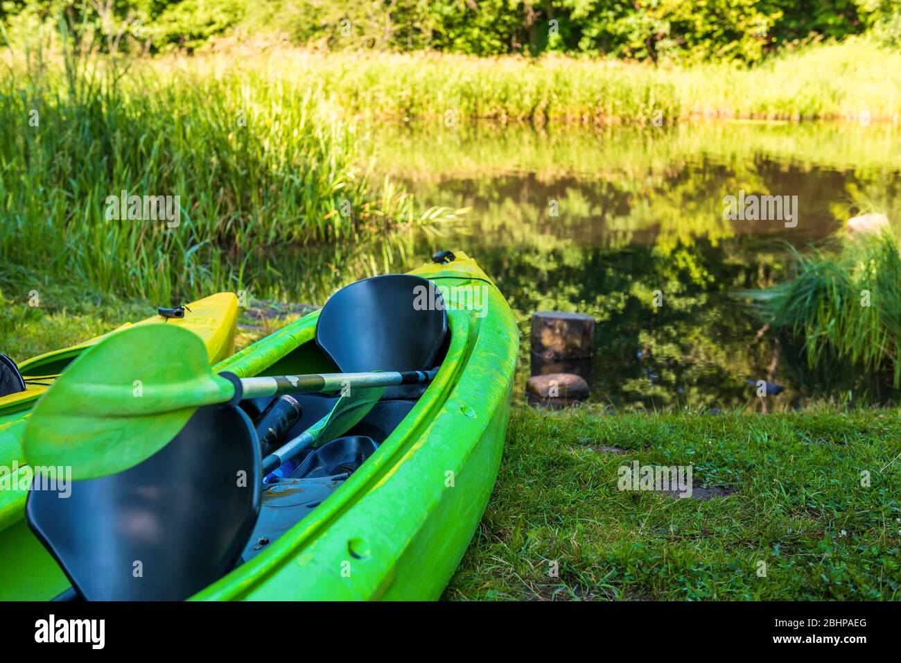 Drying kayaks in a tourist camp. Camping. Tourist halt. Stock Photo