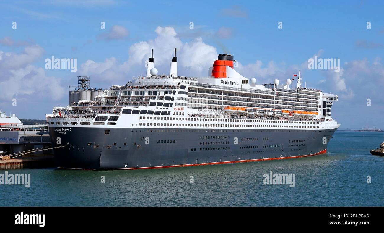 Cunard’s Queen Mary 2 preparing to leave Southampton Cruise Terminal August 2019. Stock Photo