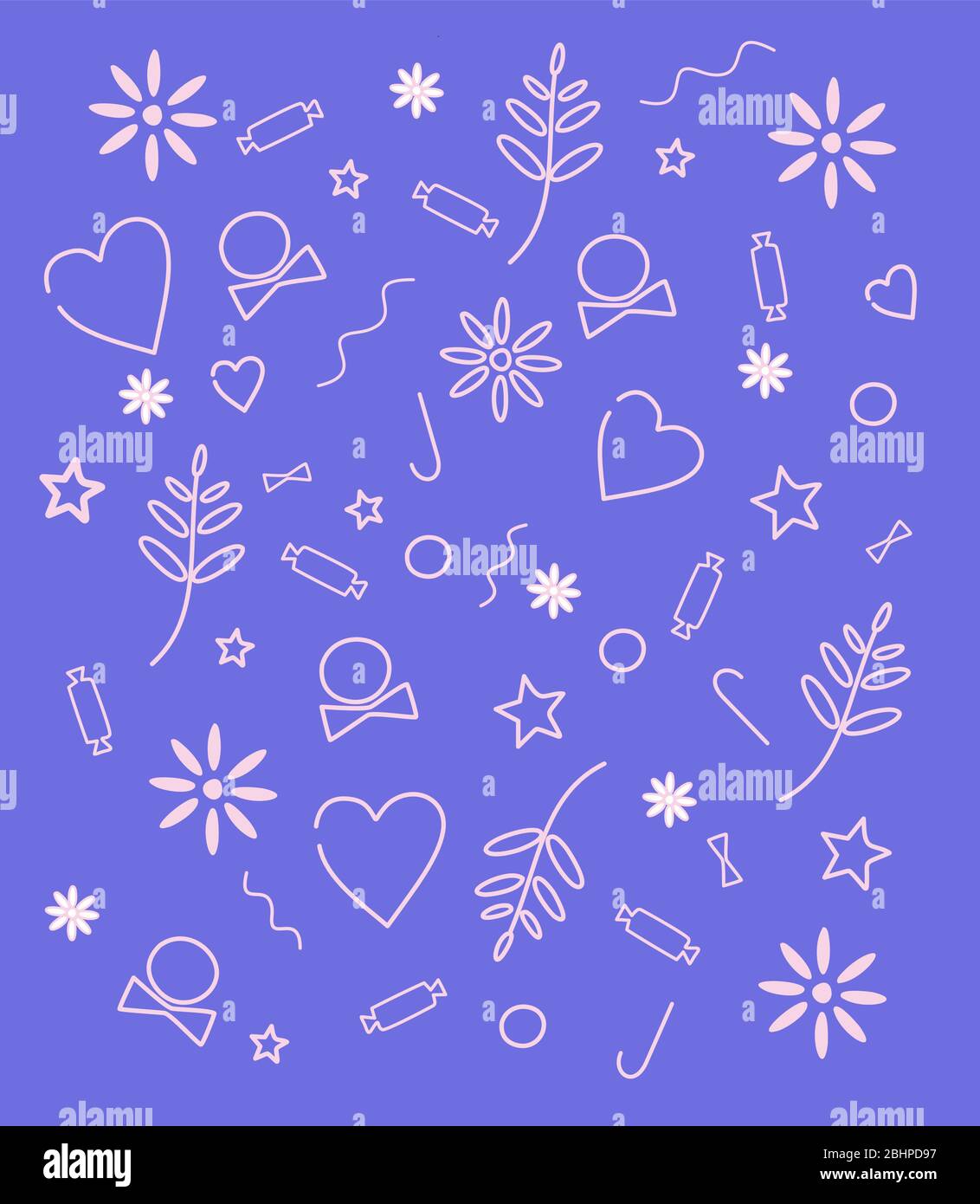 Nice pattern with hearts, candy, stars, leaves and sticks on classic blue background. Trendy pattern. Vetor. Illustration. Stock Vector