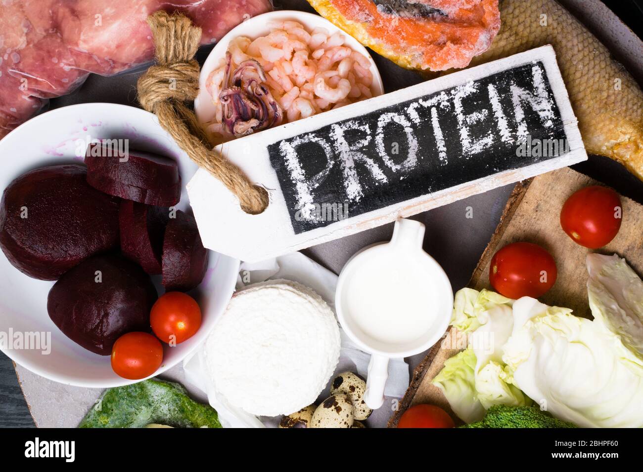 High protein food, fish, meat, poultry, nuts, eggs. Healthy eating and