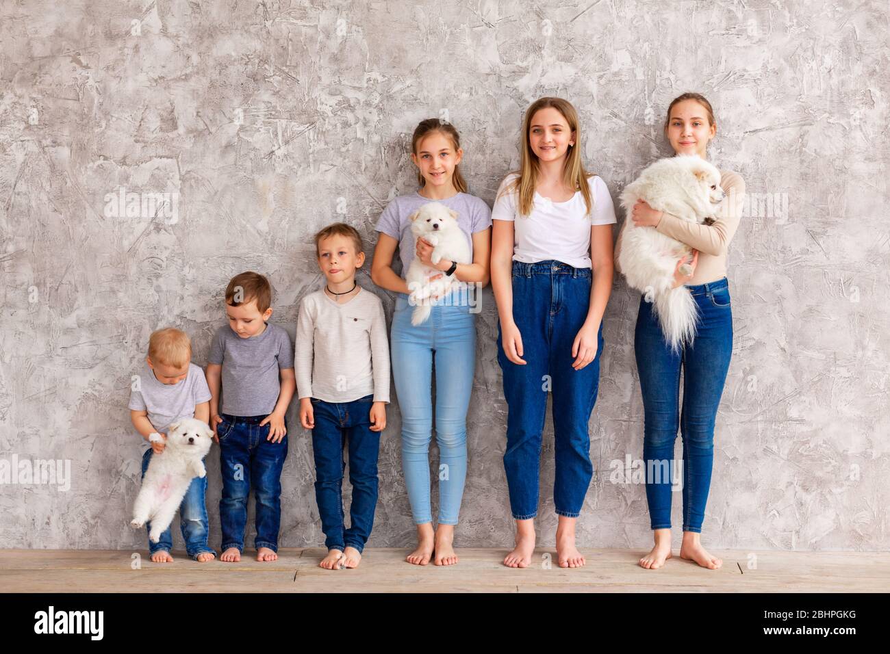 Happy children of different age with puppies standing in line. Teamwork, friendship and togetherness concept Stock Photo