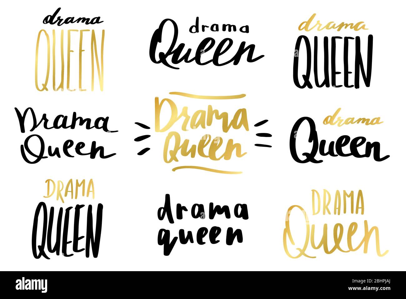 Drama Queen print set in simple doodle style. Trendy inscription, handwritten slogan. Girly lettering design for t-shirt prints, phone cases, mugs or posters. Vintage vector illustration Stock Vector