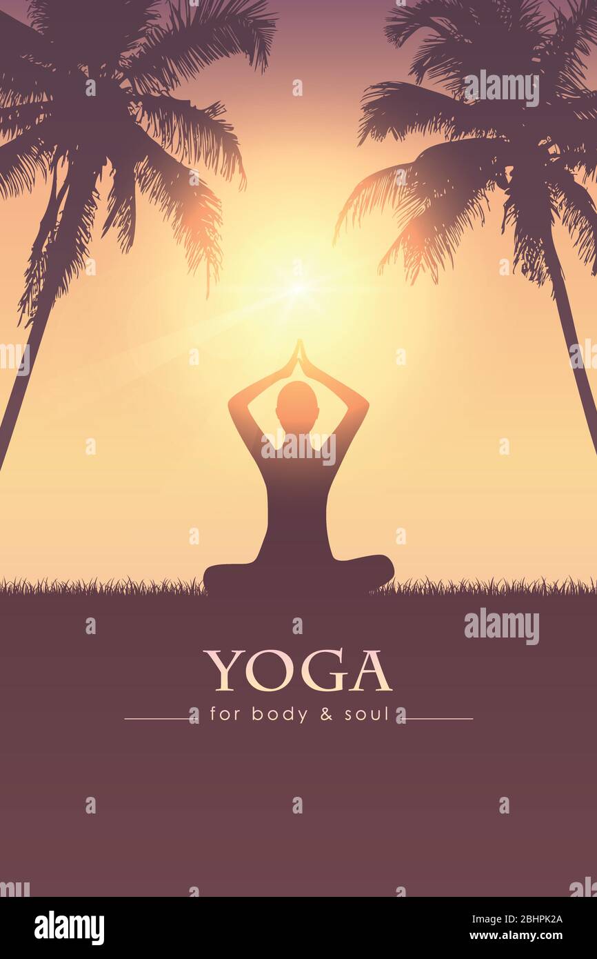 yoga for body and soul meditating person silhouette on tropical palm background vector illustration EPS10 Stock Vector