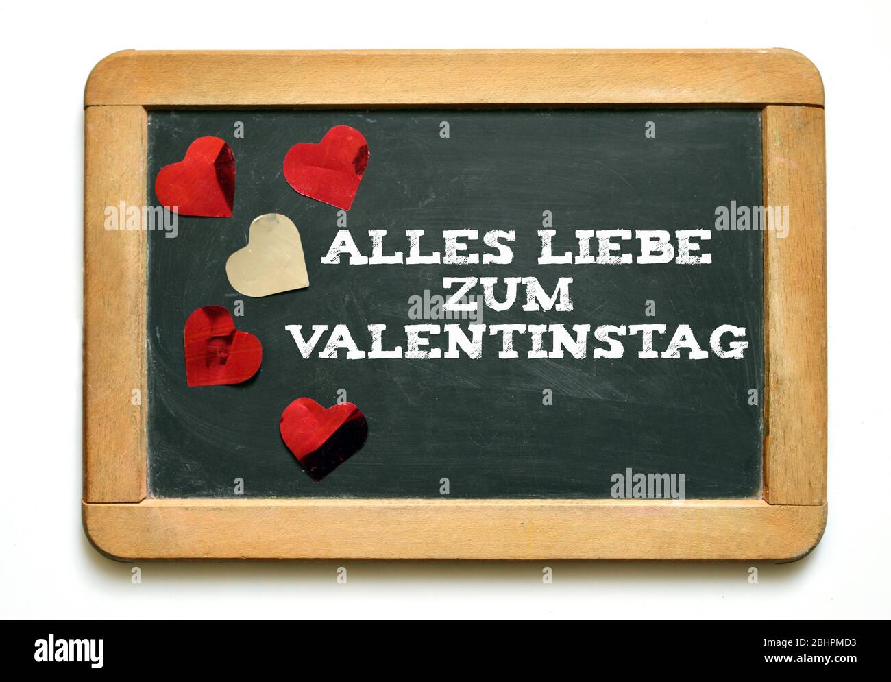 Chalkboard with german text, Alles Liebe zum Valentinstag translate, All the love for the Valentins Day Stock Photo