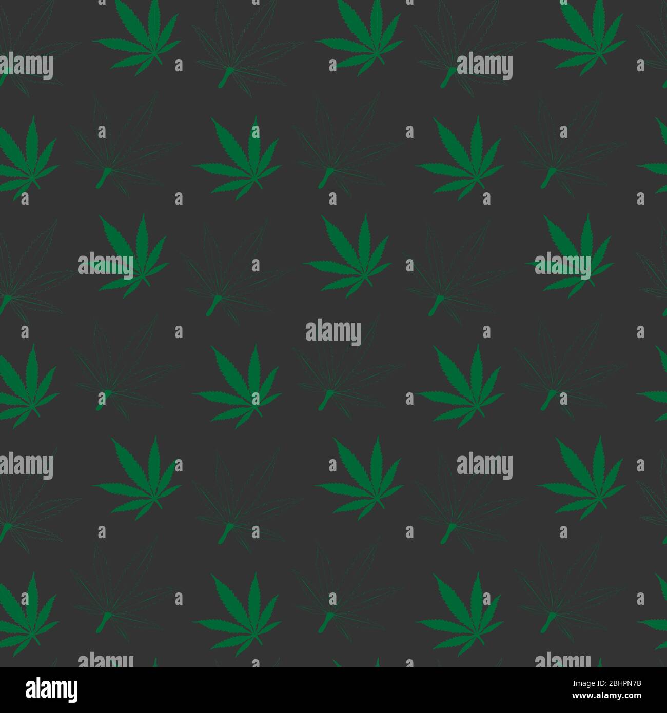 seamless pattern of green leaves and green outline of hemp leaves on a dark gray background Stock Vector