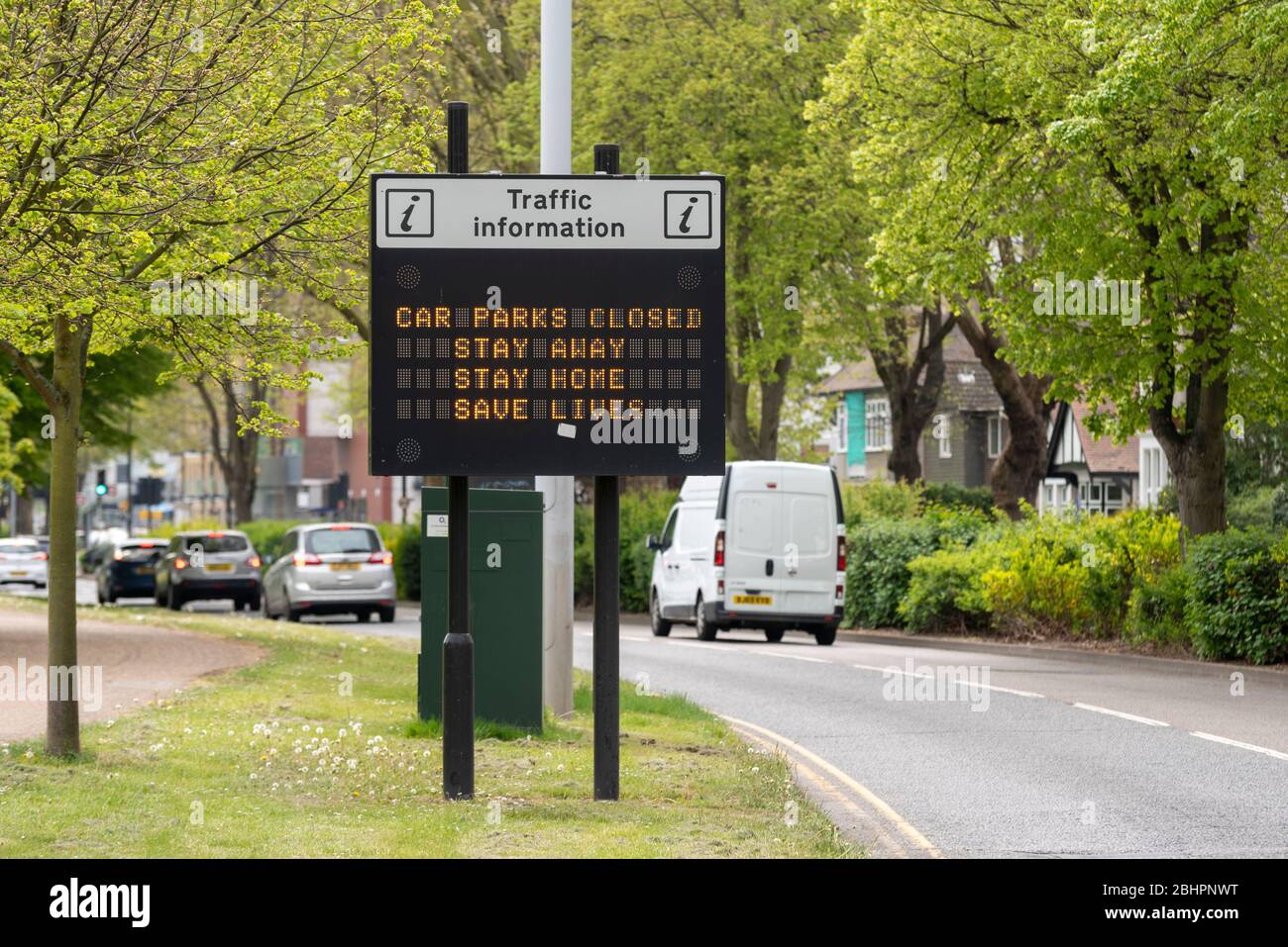 Car parks closed, stay away, stay home, save lives, sign during the COVID-19 Coronavirus pandemic outbreak period, Southend on Sea, Essex, UK. Busy Stock Photo