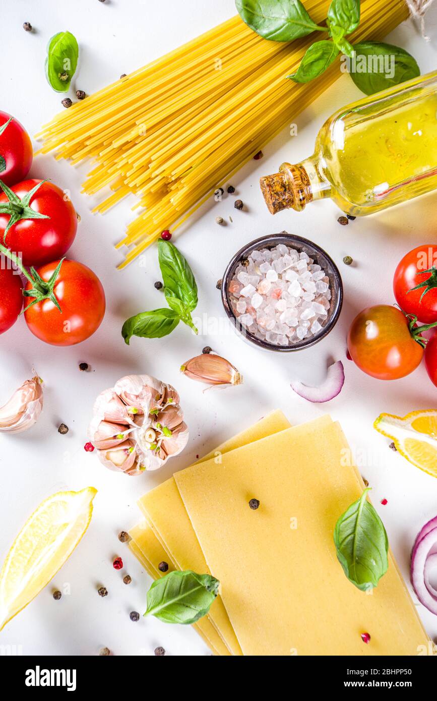 Italian food ingredients for cooking Spaghetti Pasta. Raw spaghetti