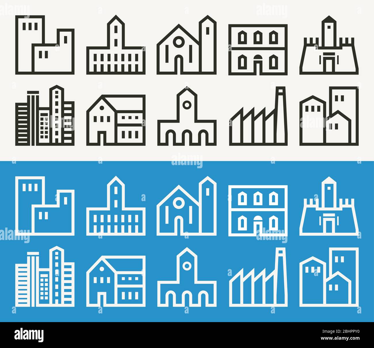 Minimal buildings related outline vector icons set Stock Vector