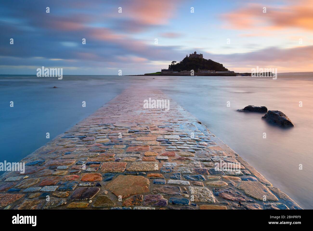 Evening view across the famous causeway at St Michael's Mount Stock Photo