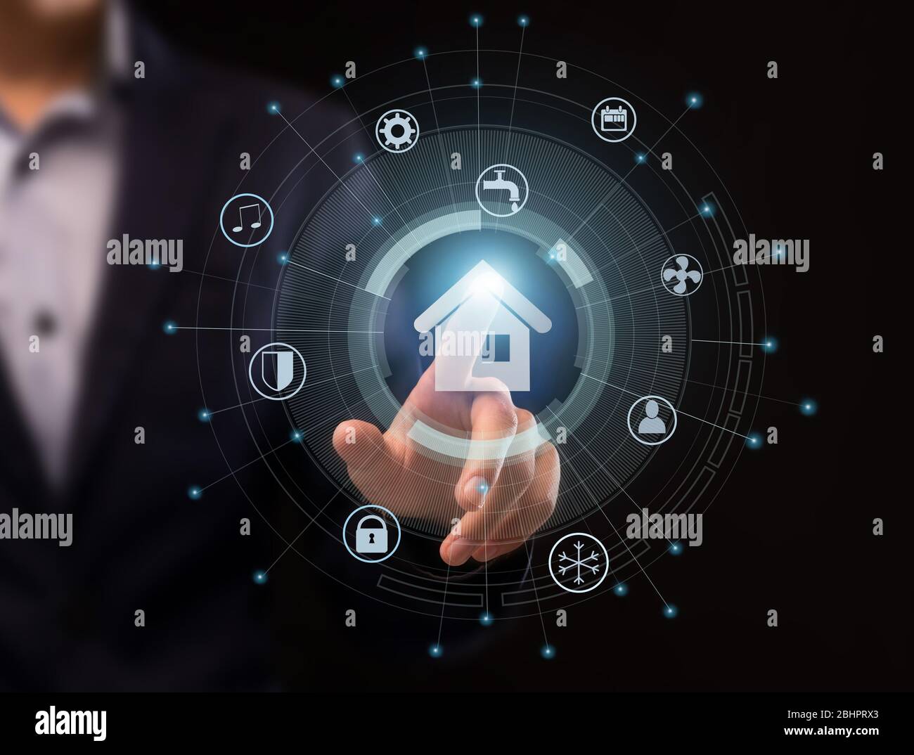 Futuristic technologies. Collage with male hand pushing SMART HOME pictogram on imaginary screen Stock Photo