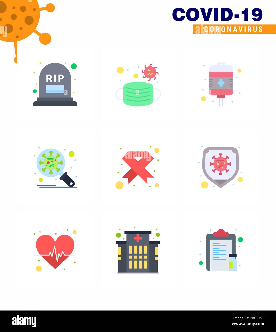 corona virus prevention. covid19 tips to avoid injury 9 Flat Color icon for presentation  aids, security, drip, protection, bacteria viral coronavirus Stock Vector