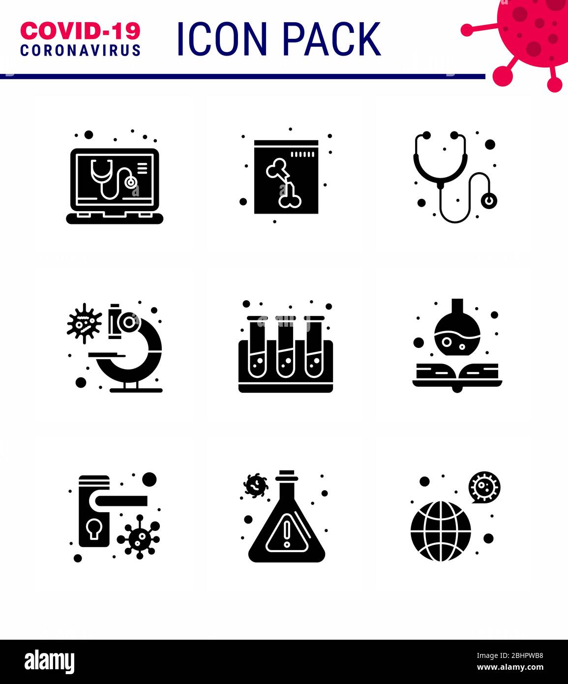 Coronavirus Precaution Tips icon for healthcare guidelines presentation 9 Solid Glyph Black icon pack such as  handbook, test, medical, blood, microsc Stock Vector