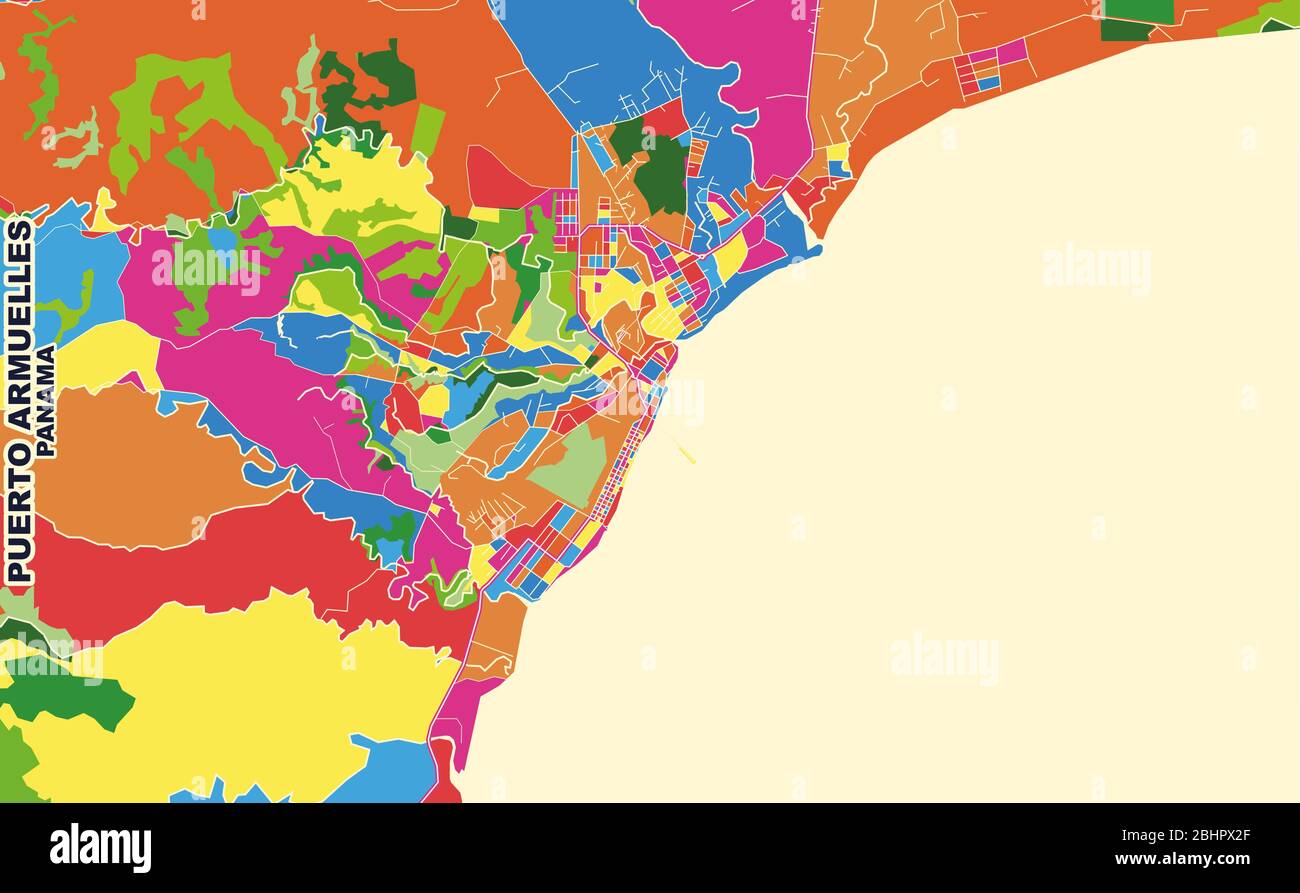 Colorful vector map of Puerto Armuelles, Chiriquí, Panama. Art Map template for selfprinting wall art in landscape format. Stock Vector